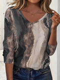 Geometric V Neck Casual Cotton T-Shirt