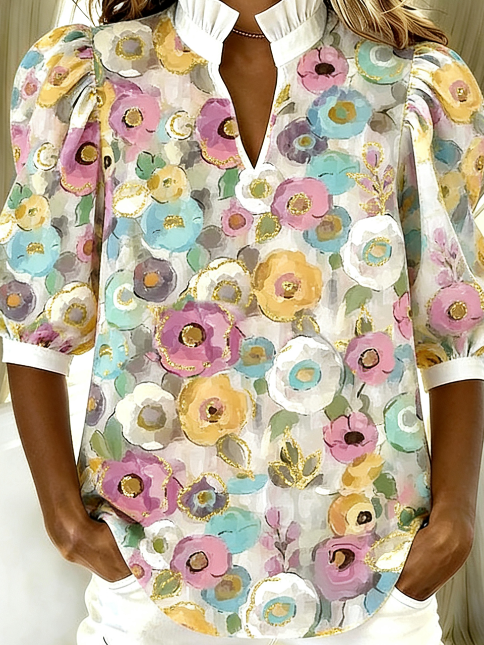 Puff Sleeve Loose Casual Shawl Collar Shirt