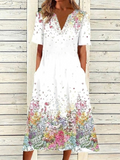 White Multicolor Floral Print V Neck Short Sleeve Maxi Dress