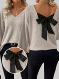 Elegant Plain Bow V Neck Blouse
