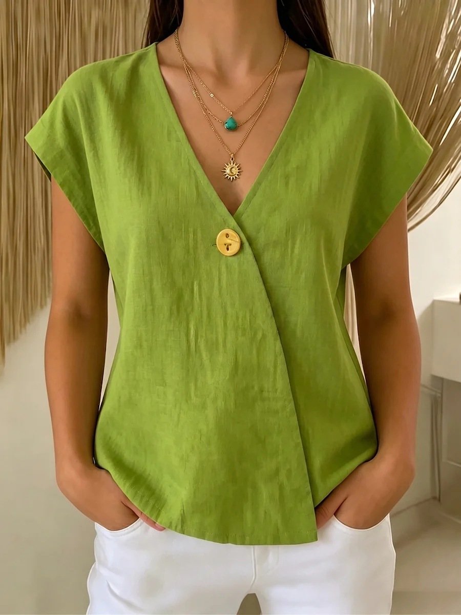 Plain Linen Blend Elegant Loose T-Shirt