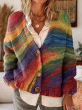 Colorful Bohemian Arc Pattern Art Print Buttoned V-neck Cardigan Sweater