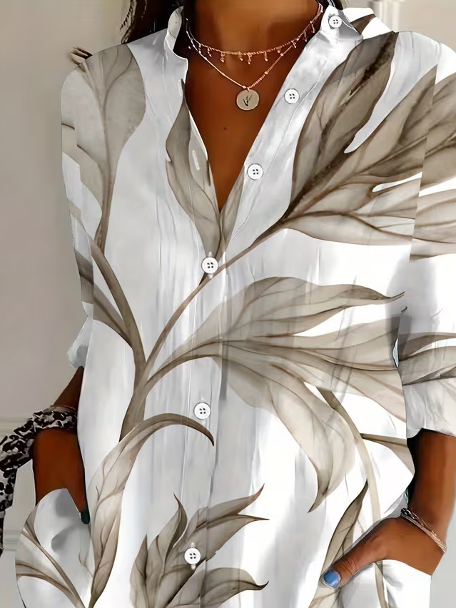 Women's Long Sleeve Shirt Spring/Fall White Plants Buckle Shirt Collar Regular Sleeve Daily Going Out Casual Top