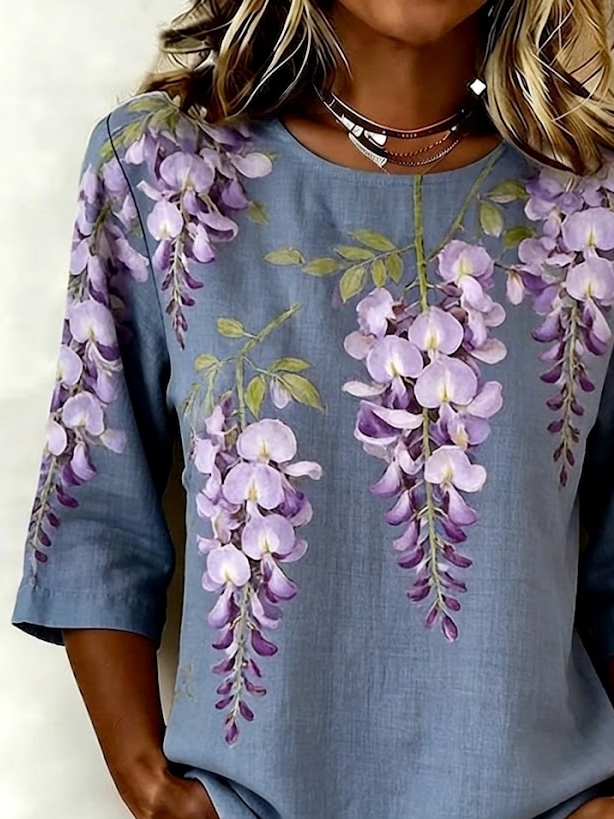 Women's Half Sleeve Blouse Summer Blue Purple Floral Printing Crew Neck Daily Going Out Vintage Top