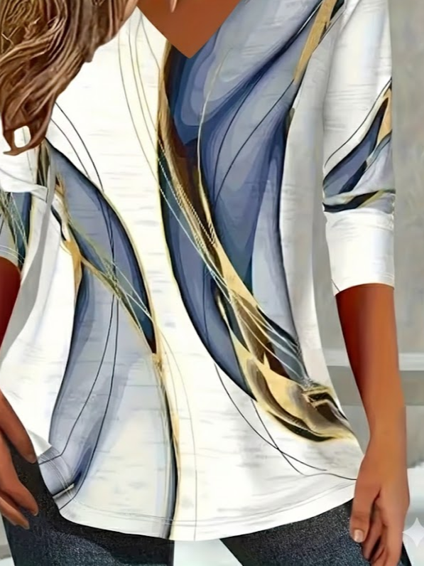 Women's Long Sleeve T-shirt Spring/Fall White Abstract Printing Jersey V Neck Daily Going Out Casual Top