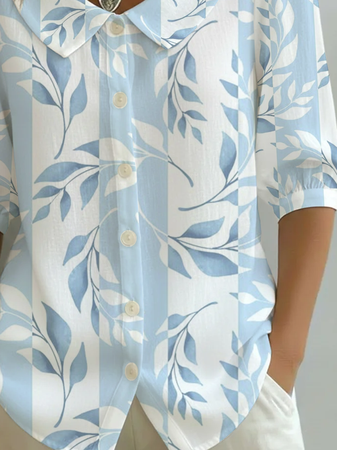 Women's Half Sleeve Shirt Summer Blue Floral Printing Shawl Collar Daily Going Out Casual Top