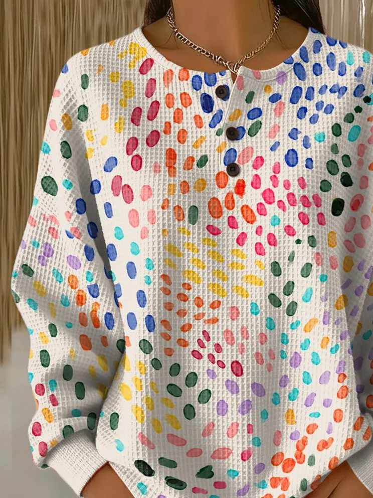 Women's Abstract Print Button-Up Casual Waffle Knit Sweatshirt