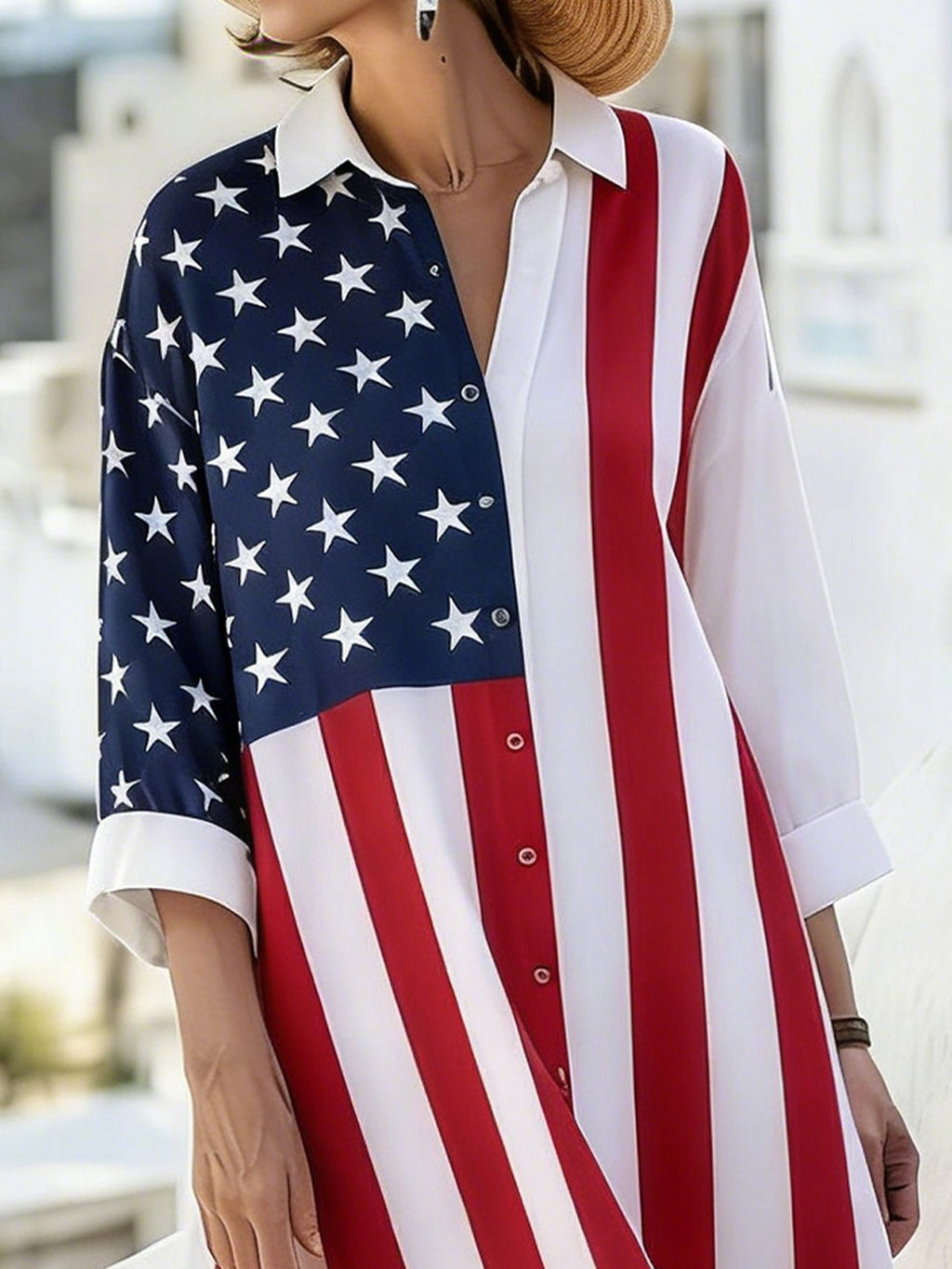3D Printing America Flag Shawl Collar The Quarter Sleeve 250th Anniversary Midi Shirt Dress
