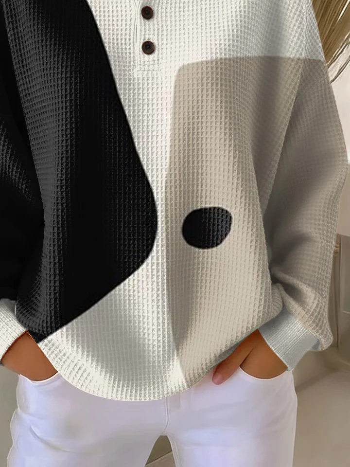 Women's Abstract Print Button-Up Casual Waffle Knit Sweatshirt
