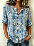 Plaid Floral Printed Stand Collar Botton Spring Summer Linen Blend Casual Shirt