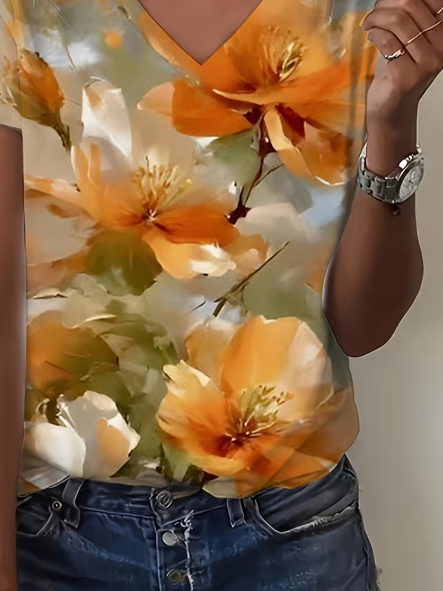 Women's Short Sleeve T-shirt Summer Orange Floral Printing V Neck Holiday Going Out Vintage Top