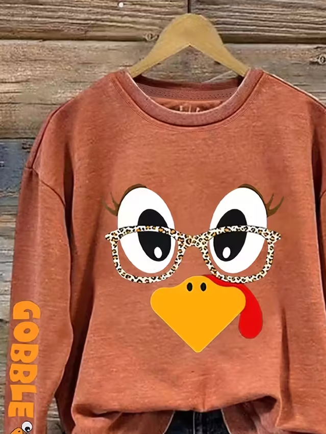 Women's Thanksgiving Turkey Print Casual Crew Neck Sweatshirt