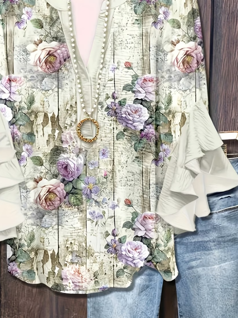 Women's Half Sleeve Shirt Summer White Floral Printing V Neck Daily Going Out Casual Top