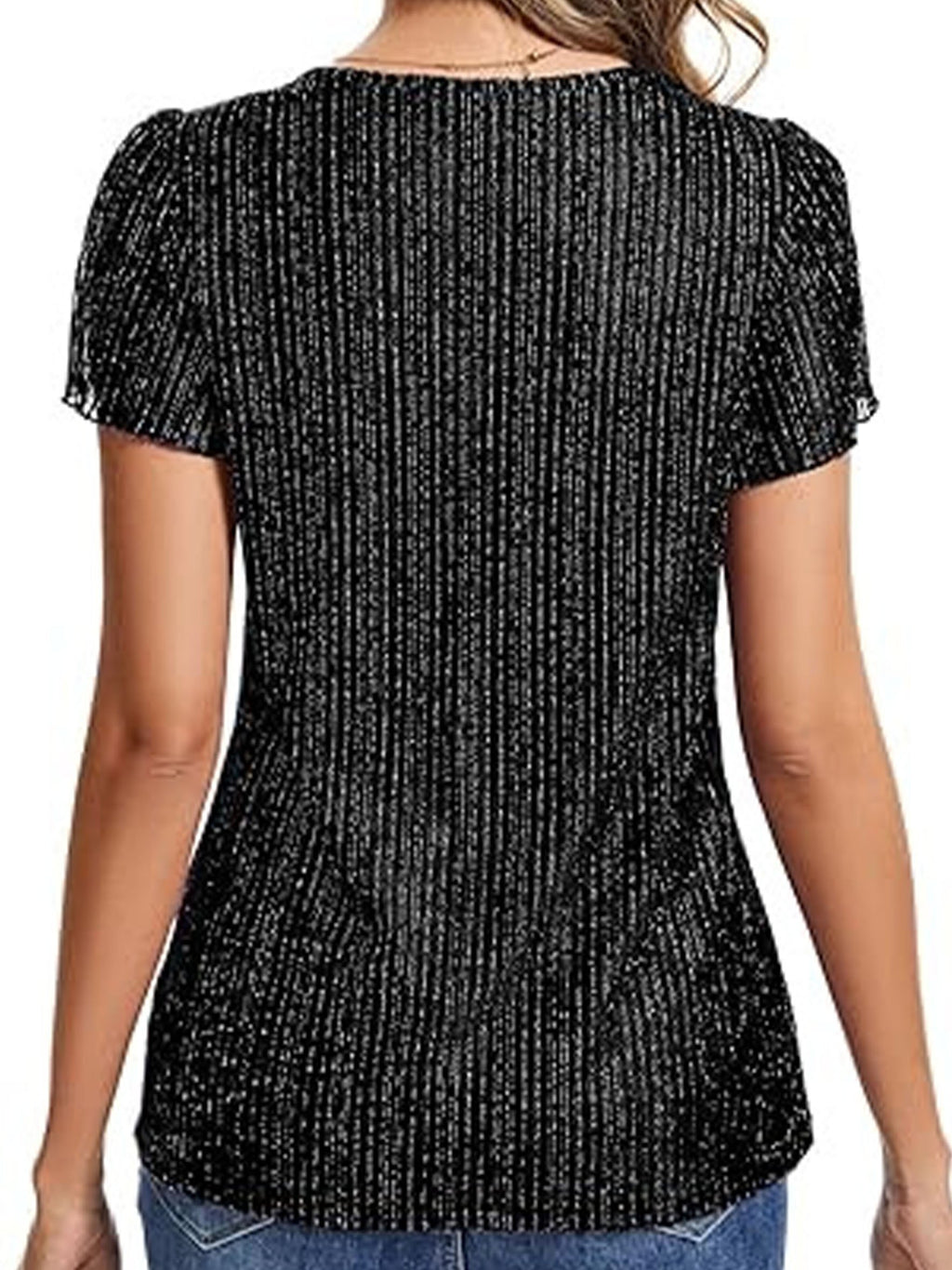Women's Glitter V Neck Short Sleeve Top Summer Going Out Party Elegant T-Shirt