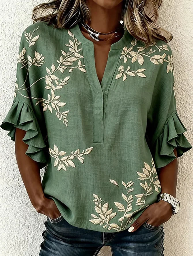 Floral V Neck Casual Loose Shirt