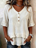 Cotton Casual Plain V Neck Blouse