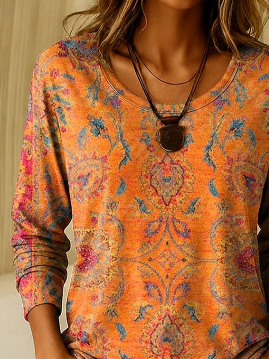 Women's Long Sleeve T-shirt Spring/Fall Orange Floral Printing Jersey Crew Neck Daily Going Out Casual Top