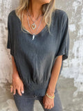 Cotton And Linen Casual Plain V Neck Blouse