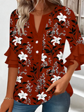 Vintage Loose Botanical Pattern V Neck Shirt