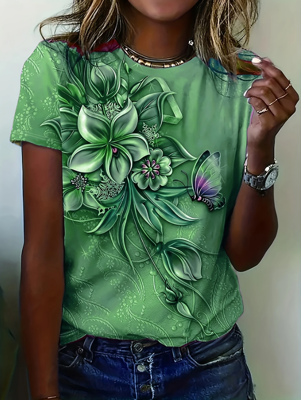 Women's Short Sleeve T-shirt Summer Green Floral Printing Crew Neck Daily Going Out Casual Top