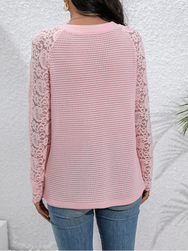 Lace Block Crew Neck Casual Plain Blouse