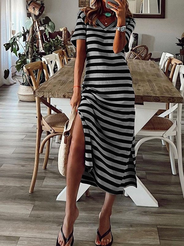 Women's Short Sleeve Summer White Striped Split Joint V Neck Daily Going Out Casual Maxi A-Line T-Shirt Dress Dress