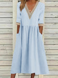 Women's Half Sleeve Summer Light Blue Plain Split Joint V Neck Daily Going Out Casual Maxi A-Line Fit & Flare Dress Dress