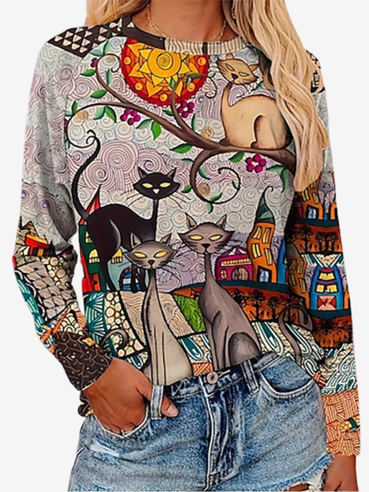 Cute Cat Design Round Neck Casual T-Shirt