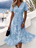 Women’s Light Blue Floral Print Wrap V Neck Midi Dress Boho Summer Dress