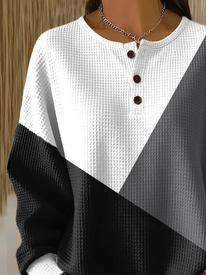 Women's Color Matching Print Button-Up Casual Waffle Knit Sweatshirt
