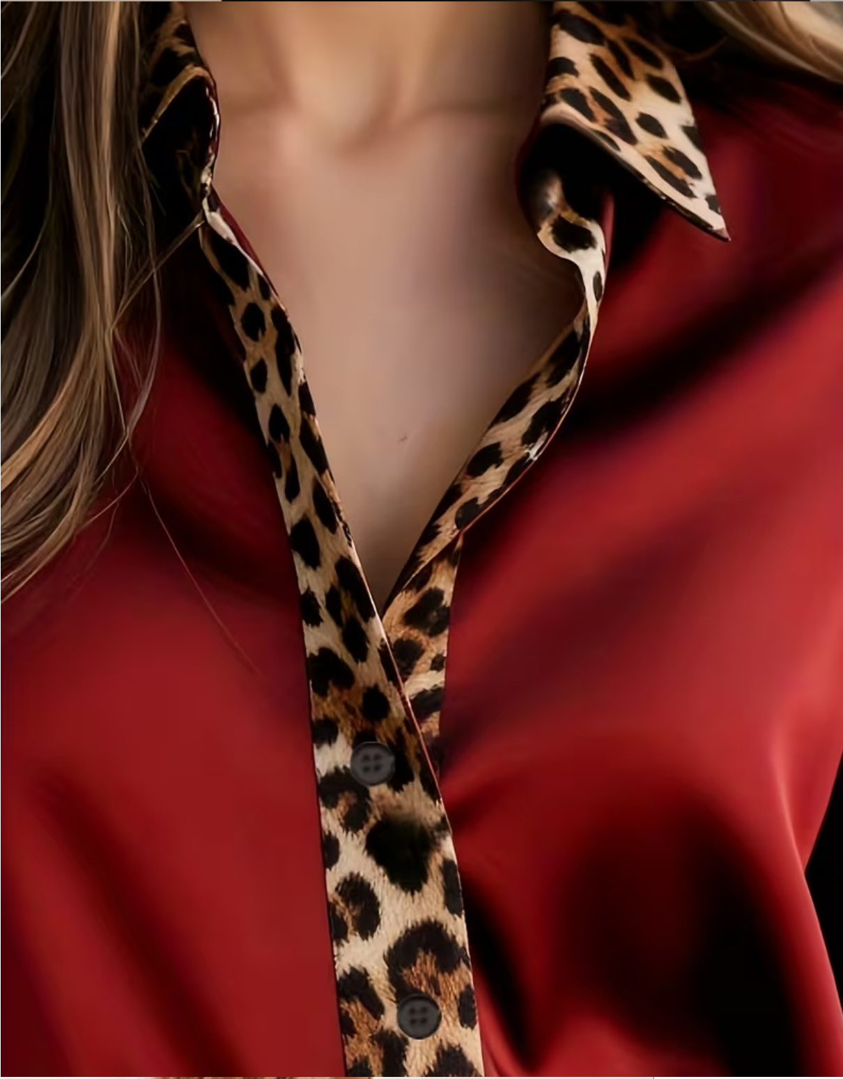 Women's Elegant Satin Color Block Leopard Printing Long Sleeve Shawl Collar Shirt