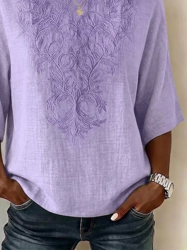 Women's Half Sleeve Blouse Summer Purple Plants Printing Crew Neck Daily Going Out Vintage Top