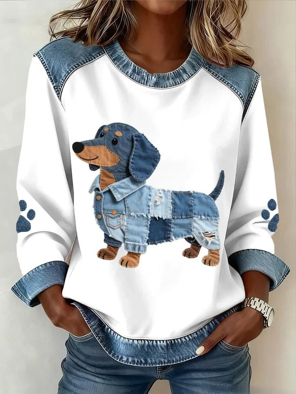 Denim Color Block Animal Crew Neck Long Sleeve Going Out Casual Sweatshirt