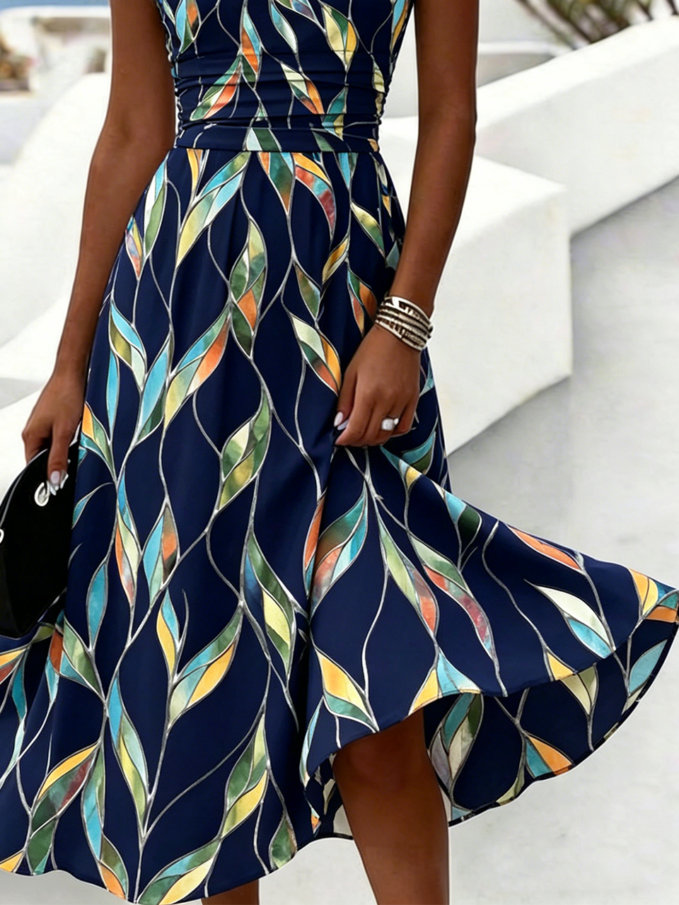 Geometric Vacation Crew Neck Regular Fit Dress With No
