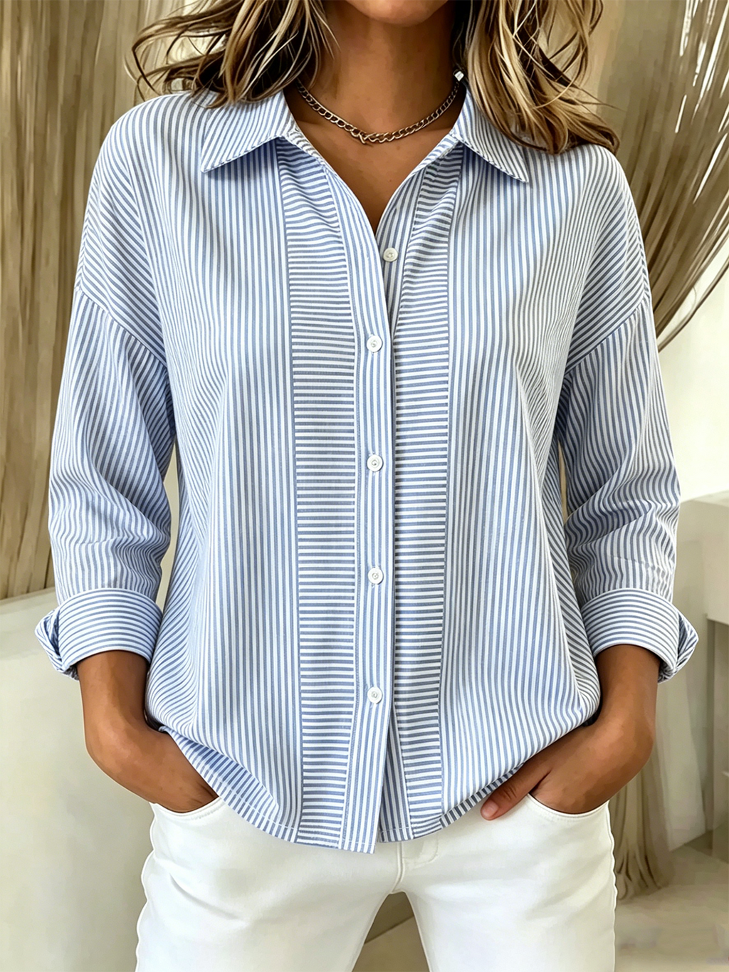 Loose Shirt Collar Simple Striped Shirt