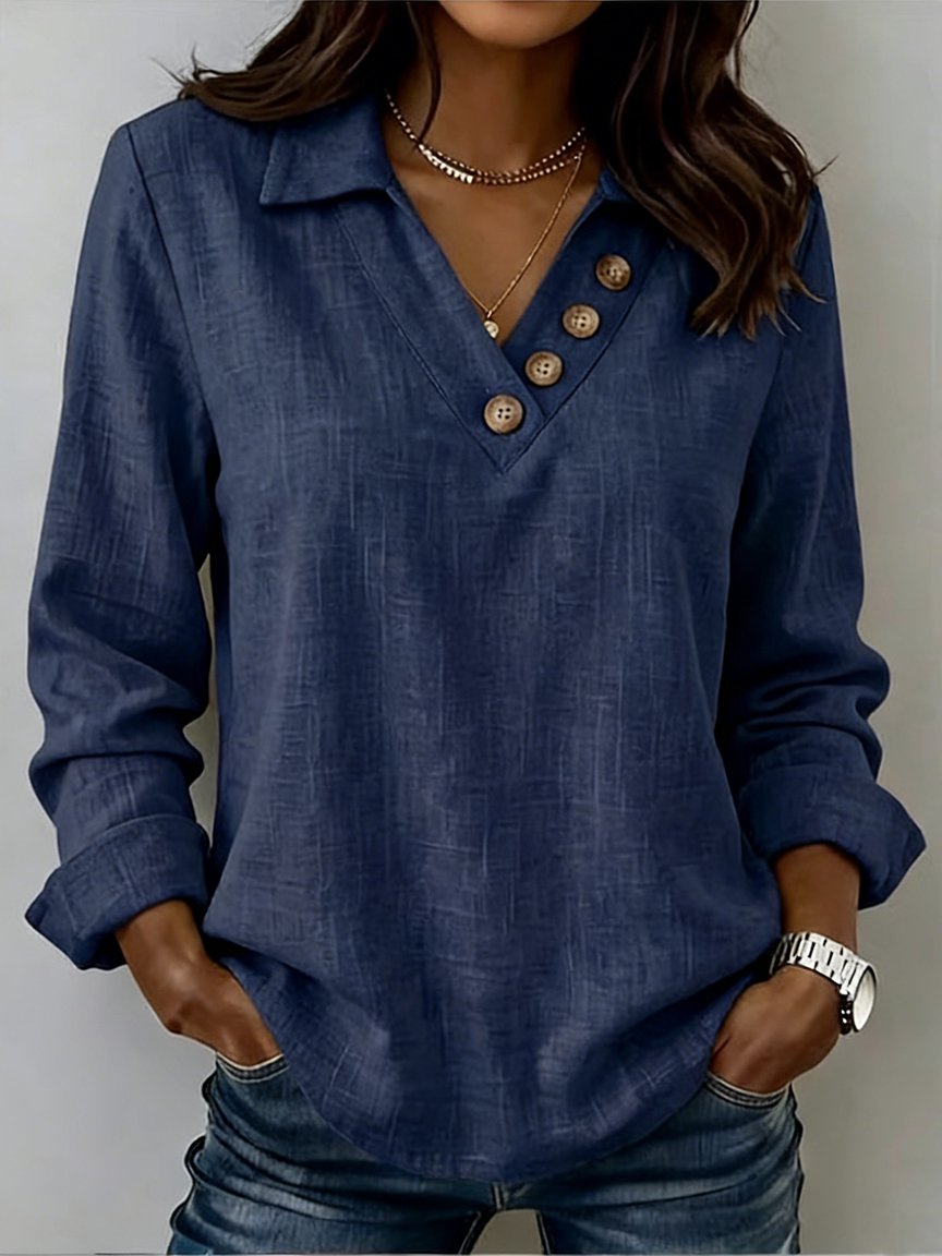 Vintage Cotton And Linen V Neck Plain Shirt