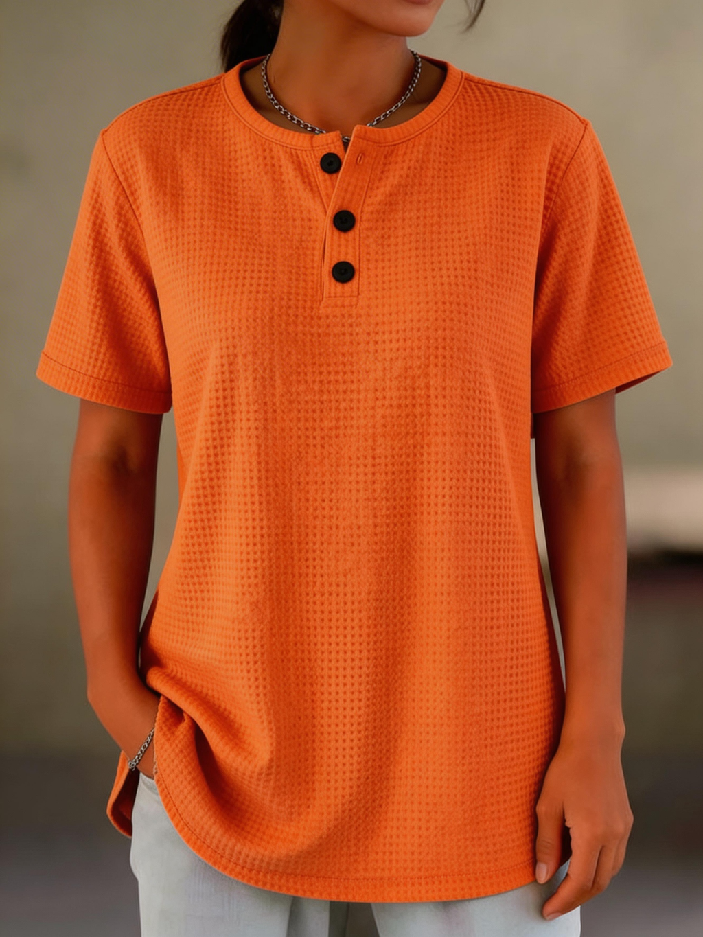 Women's Waffle Knit Henley T-shirt - Casual Short Sleeve Textured Shirt