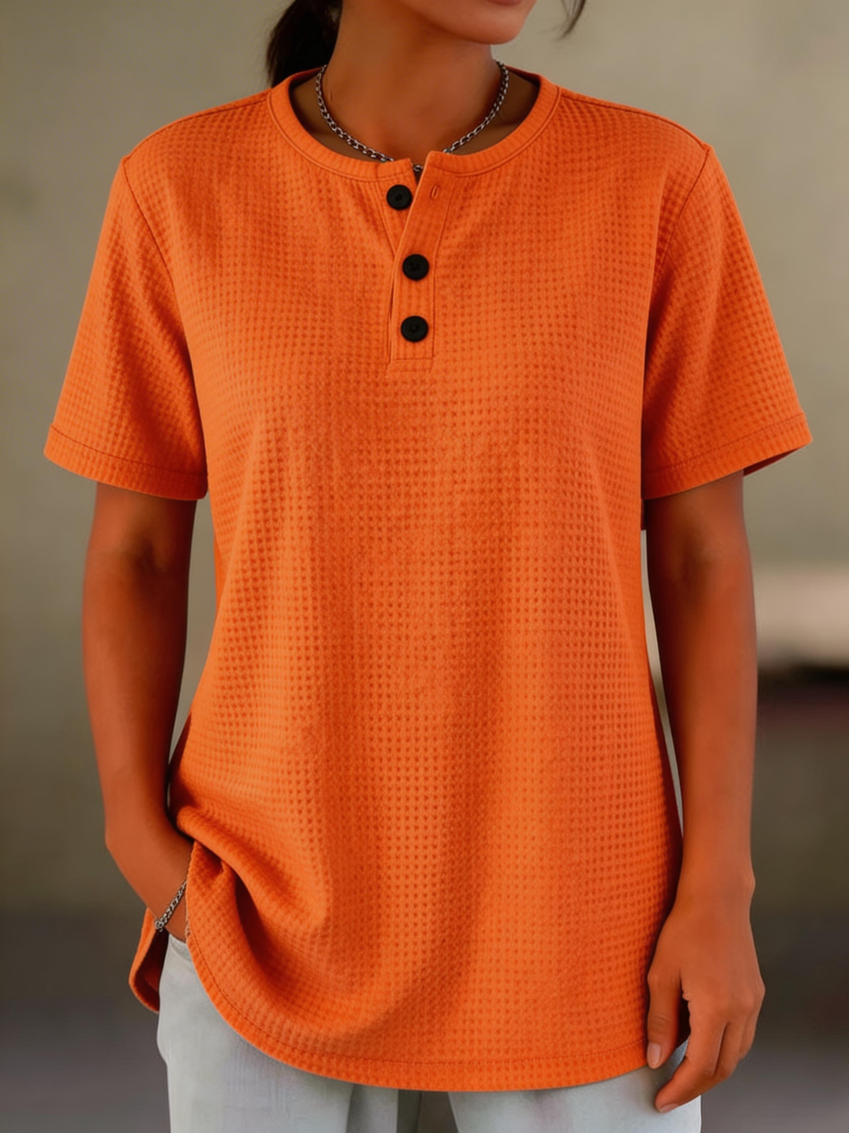 Women's Waffle Knit Henley T-shirt - Casual Short Sleeve Textured Shirt