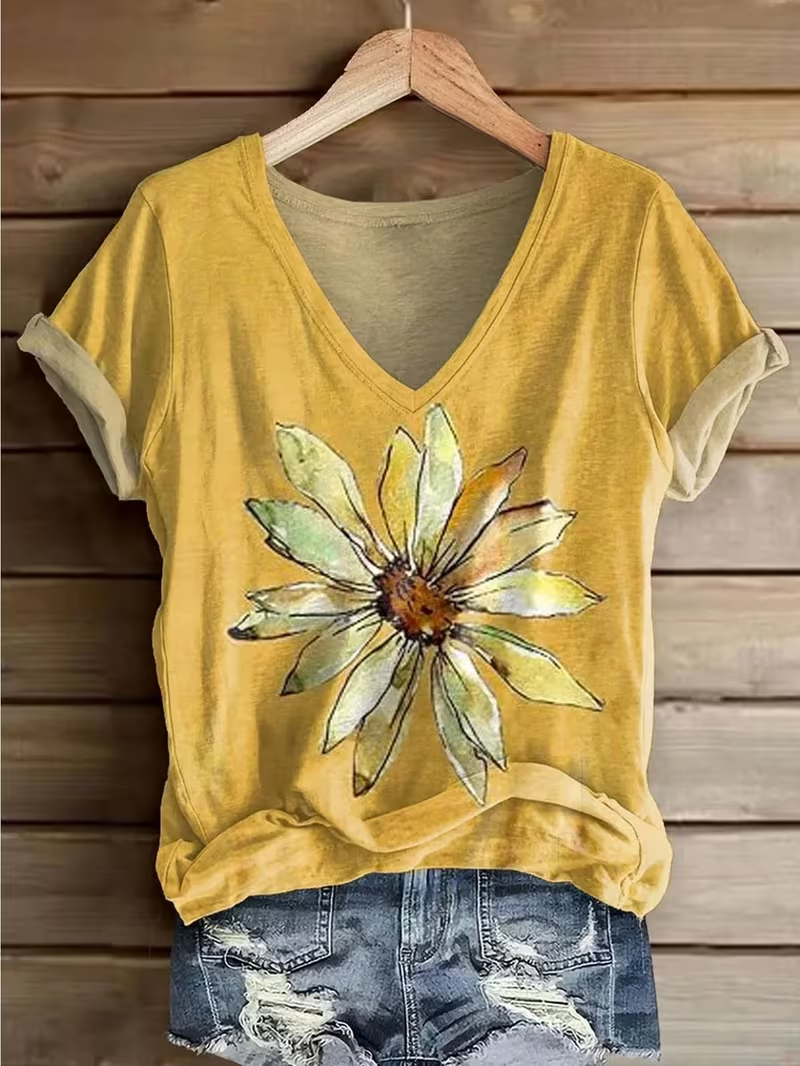 Women's Short Sleeve T-shirt Summer Yellow Floral Printing V Neck Holiday Going Out Vintage Top