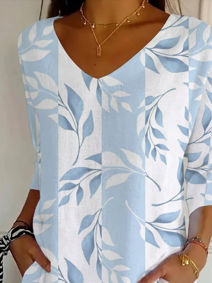 Women's Three Quarter Sleeve T-shirt Spring/Fall Blue Floral Printing V Neck Daily Going Out Casual Top