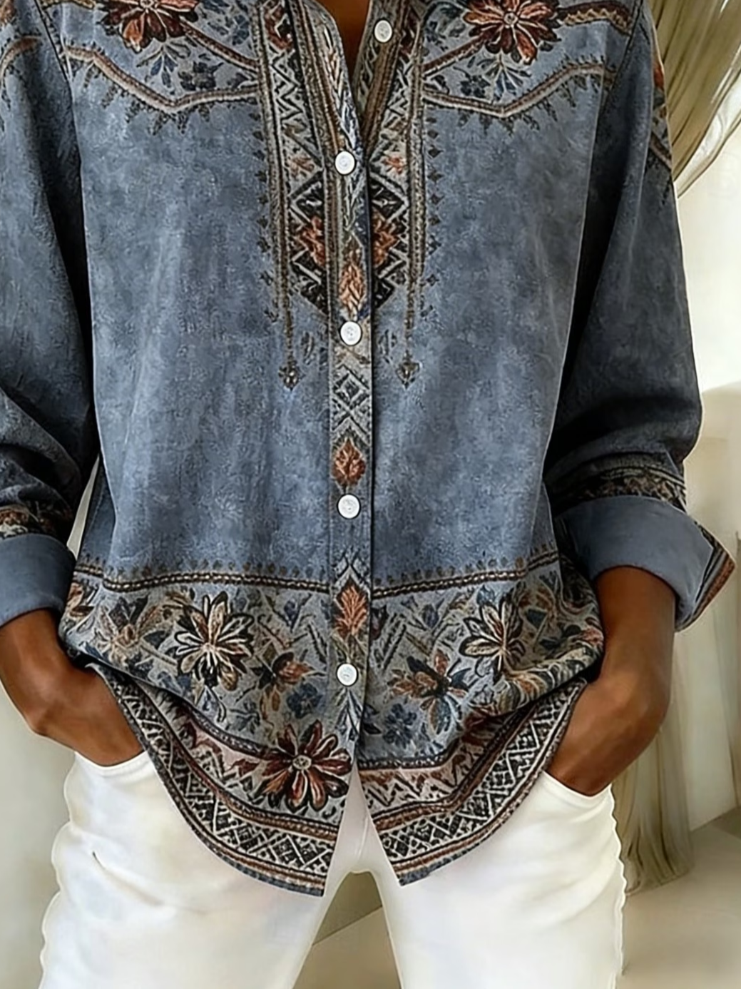Women's Long Sleeve Shirt Spring/Fall Blue Faux Denim Print Graphic Buckle Shirt Collar Regular Sleeve Daily Going Out Casual Top