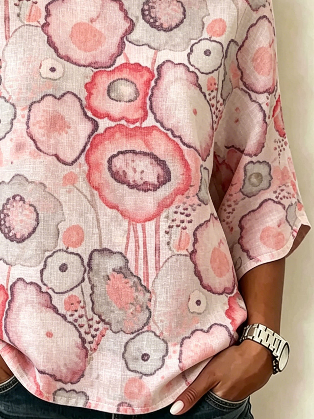 Cotton And Linen Pink Floral Vintage Loose Casual Top