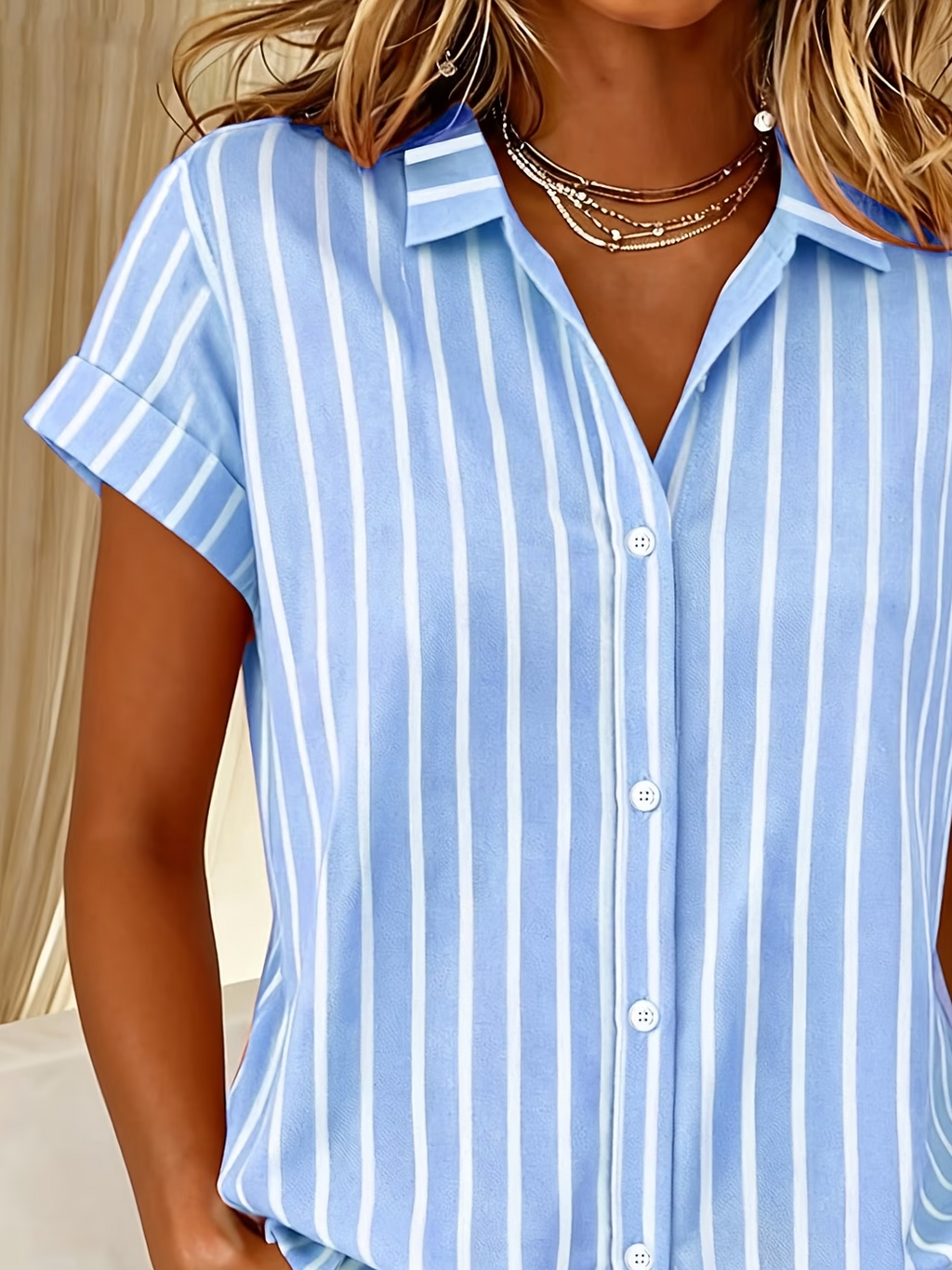 Women's Short Sleeve Shirt Summer Blue Striped Printing Shirt Collar Daily Going Out Casual Top