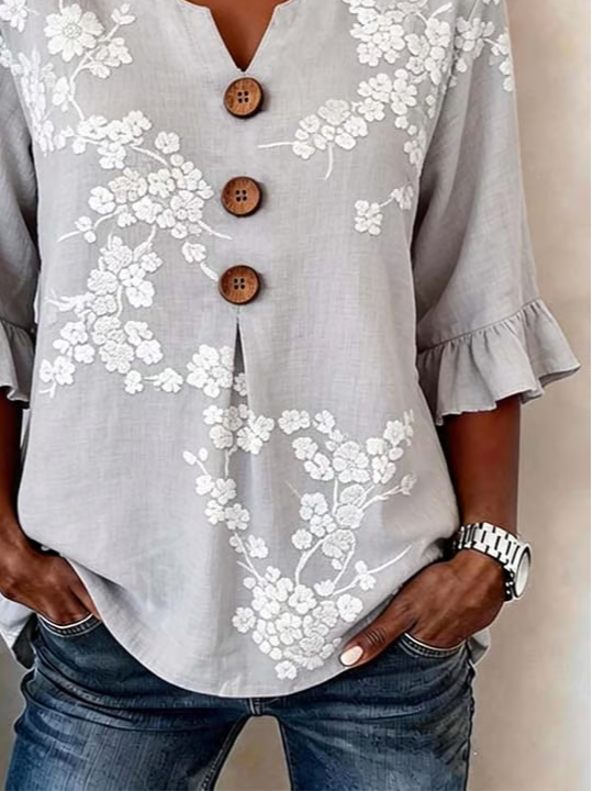Women's Half Sleeve Blouse Summer Light Gray Floral Printing V Neck Daily Going Out Vintage Top