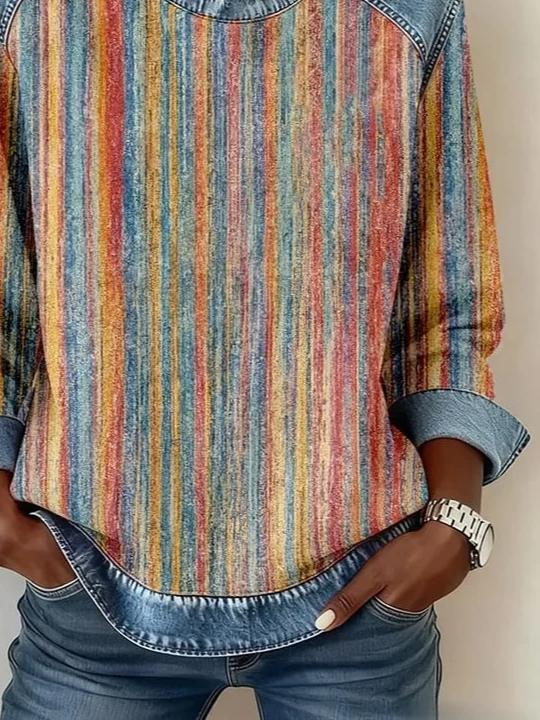 Women's Abstract Stripes Print Patchwork Denim Crewneck Long-Sleeved Sweatshirt