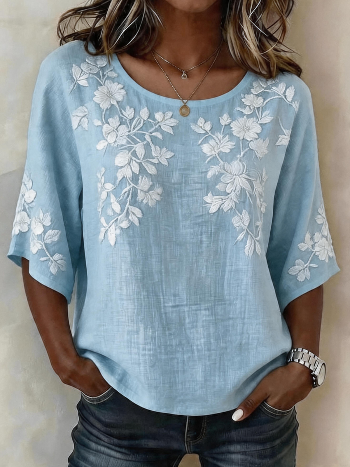 Crew Neck Loose Cotton And Linen Vintage Shirt