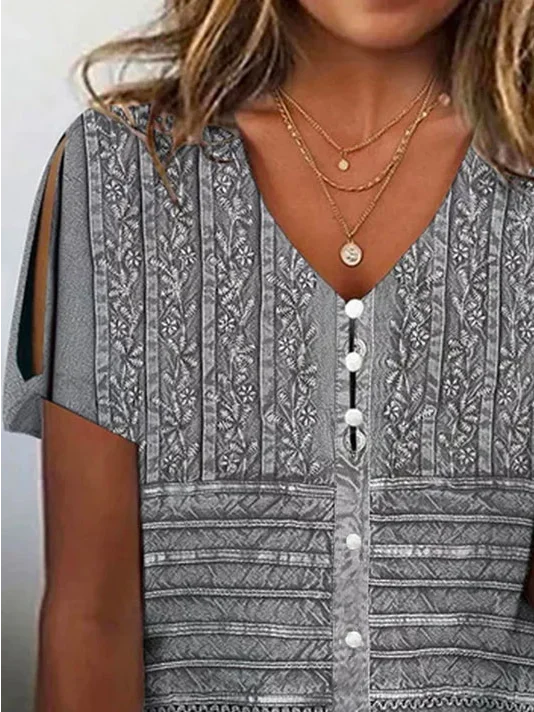 Floral Buttoned V Neck Casual Shirt