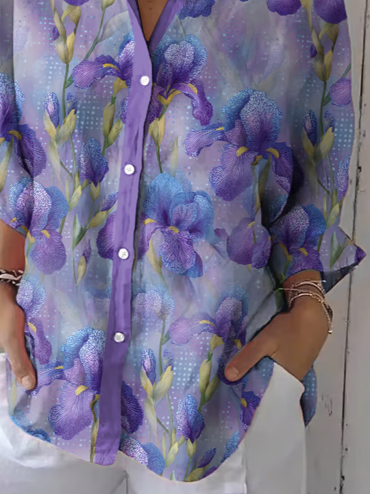 Women Casual Floral Loose Three Quarter Sleeve Shirt Collar Shirts