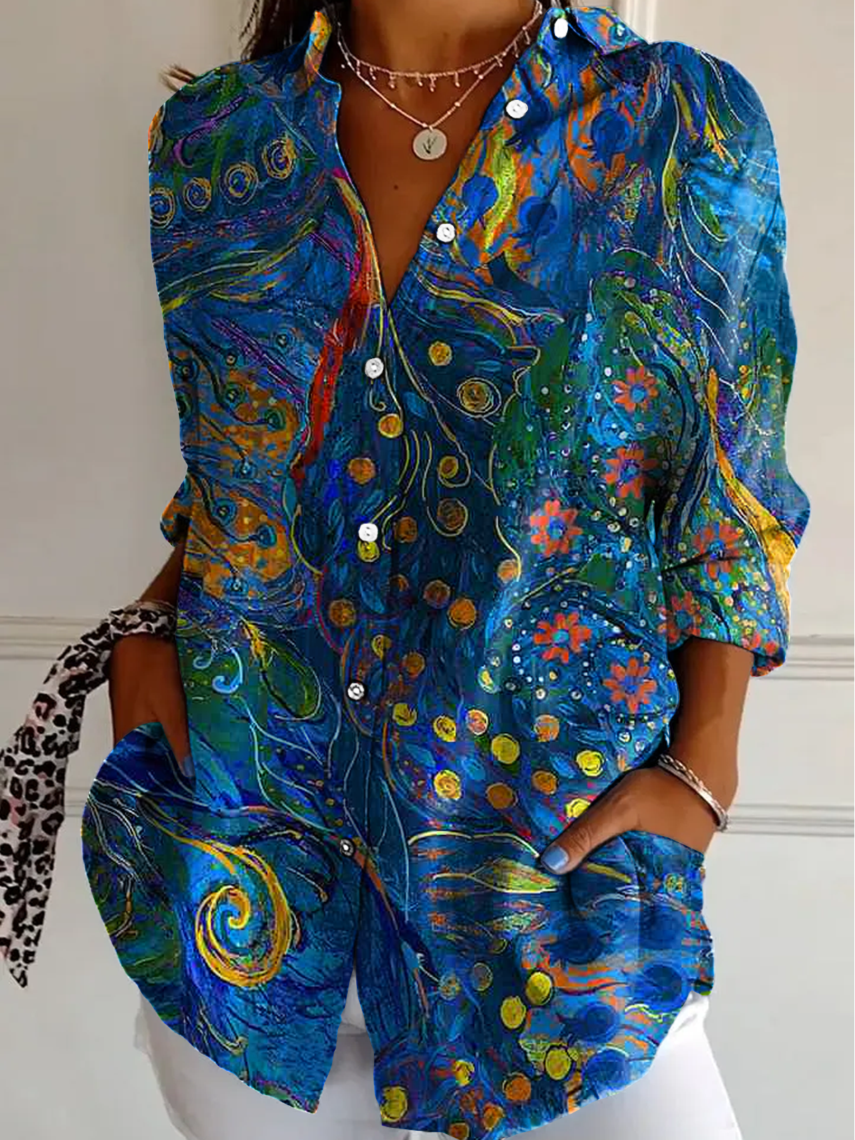 Women's Abstract Print Button Front Long Sleeve Shirt