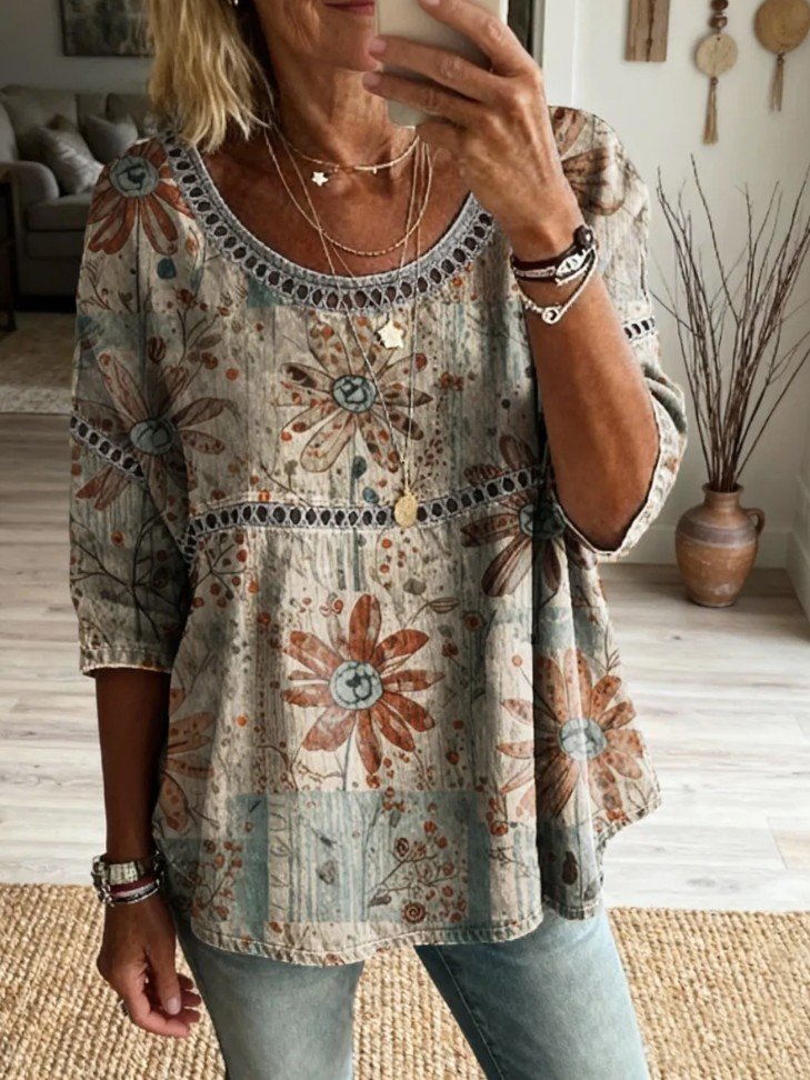 Crew Neck Elegant Linen Blend Shirt